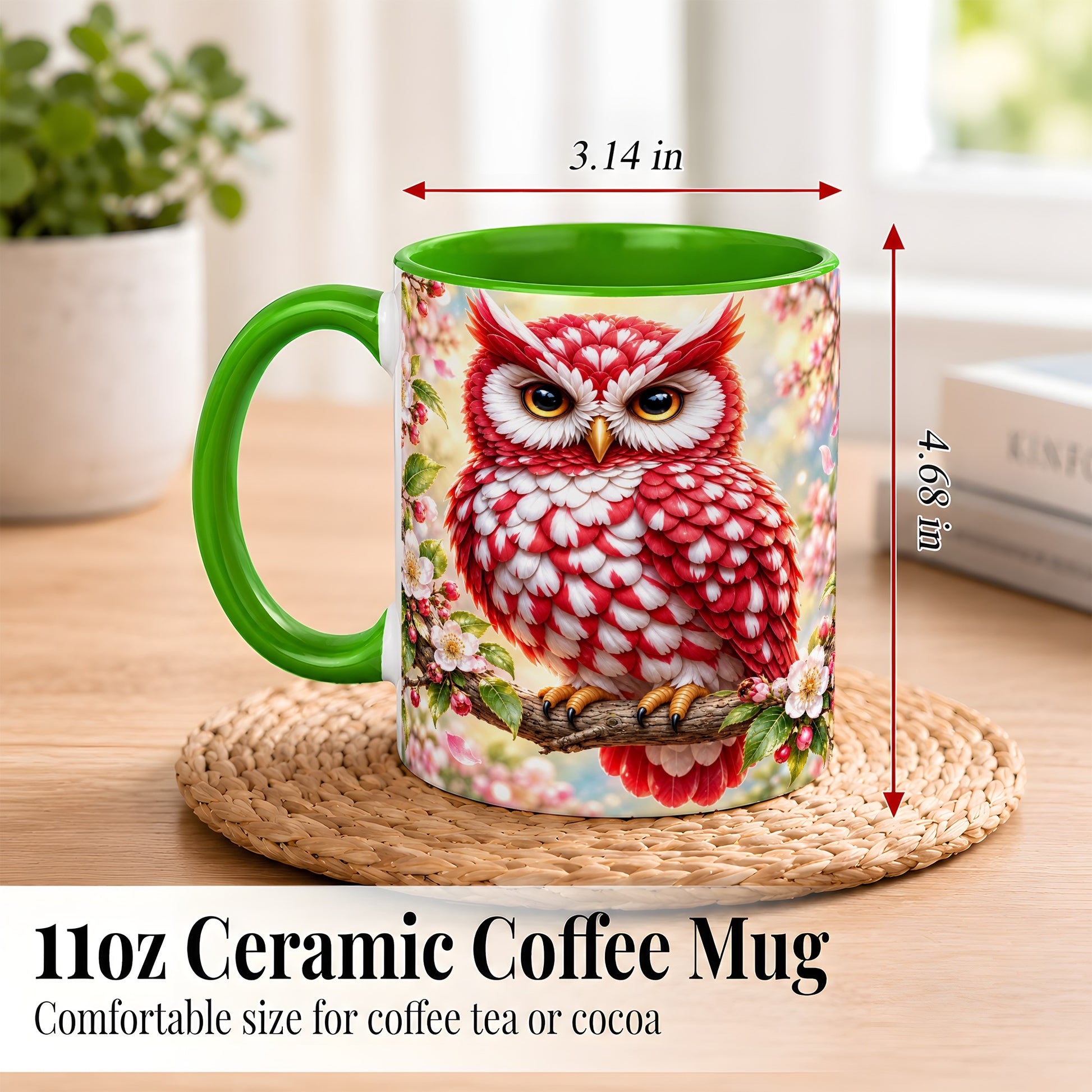 #pl[11oz|Green] Floral Owl Coffee Mug, Red Blossom Owl Mug, Ceramic Cup