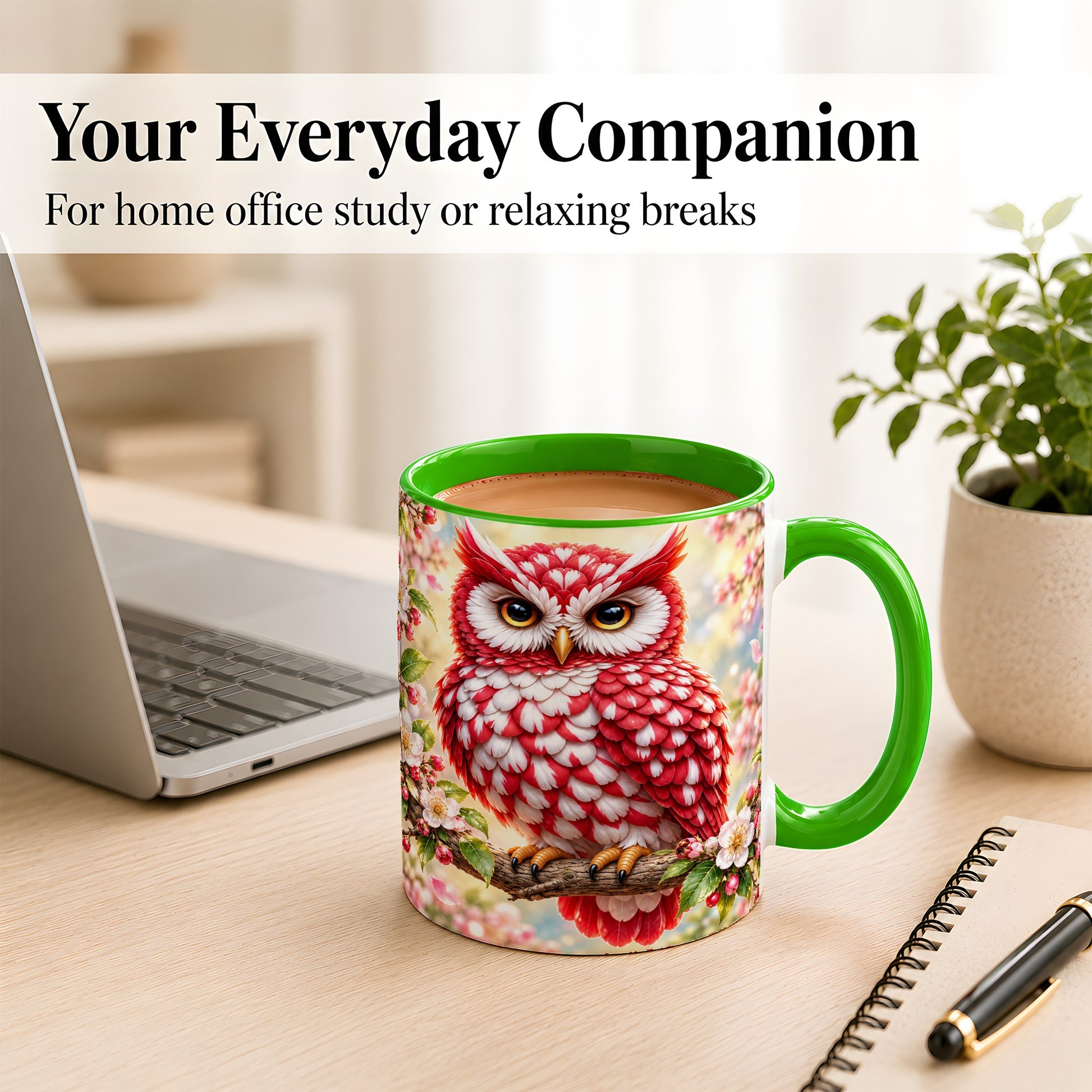 #pl[11oz|Green] Floral Owl Coffee Mug, Red Blossom Owl Mug, Ceramic Cup
