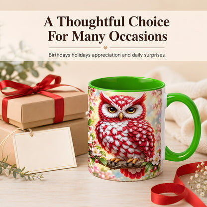 #pl[11oz|Green] Floral Owl Coffee Mug, Red Blossom Owl Mug, Ceramic Cup