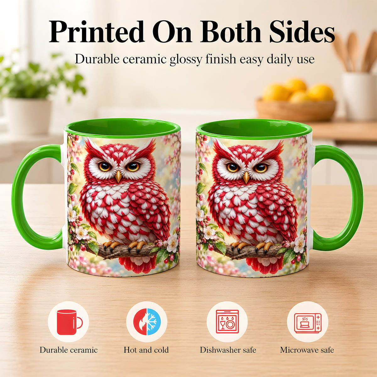 #pl[11oz|Green] Floral Owl Coffee Mug, Red Blossom Owl Mug, Ceramic Cup