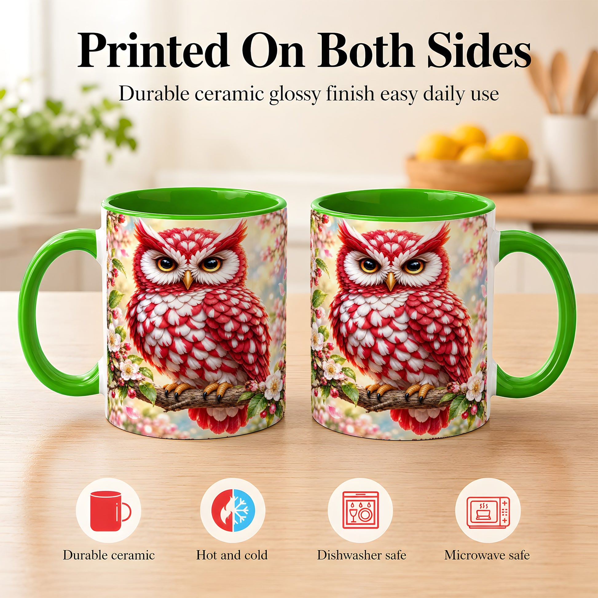 #pl[11oz|Green] Floral Owl Coffee Mug, Red Blossom Owl Mug, Ceramic Cup