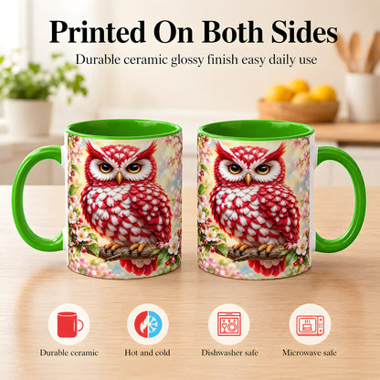 #pl[11oz|Green] Floral Owl Coffee Mug, Red Blossom Owl Mug, Ceramic Cup