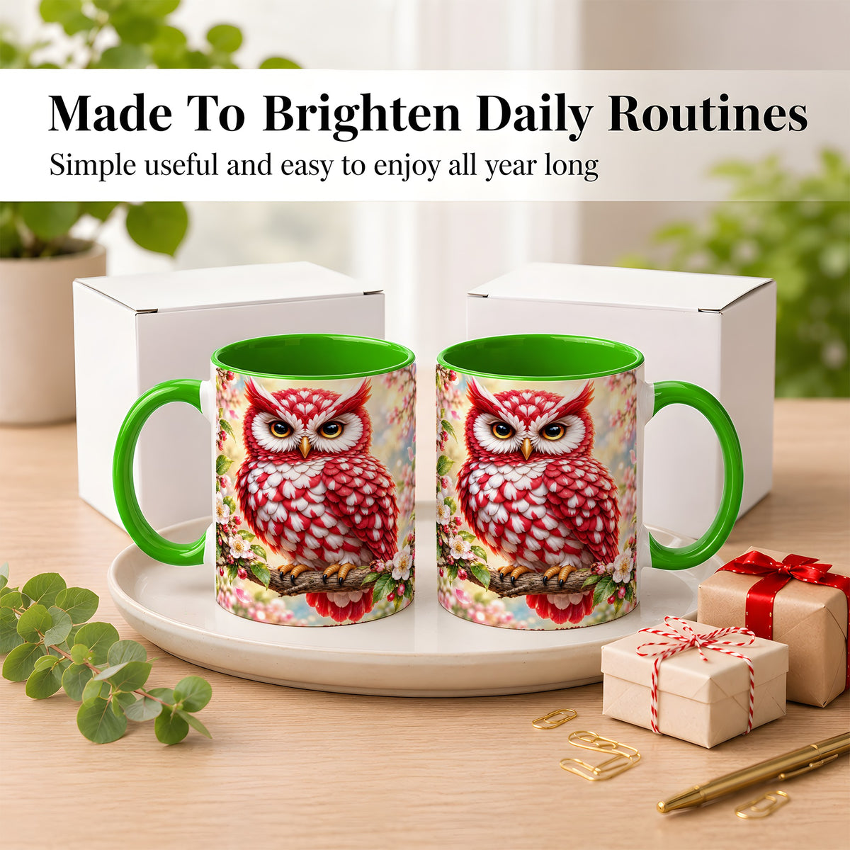 #pl[11oz|Green] Floral Owl Coffee Mug, Red Blossom Owl Mug, Ceramic Cup