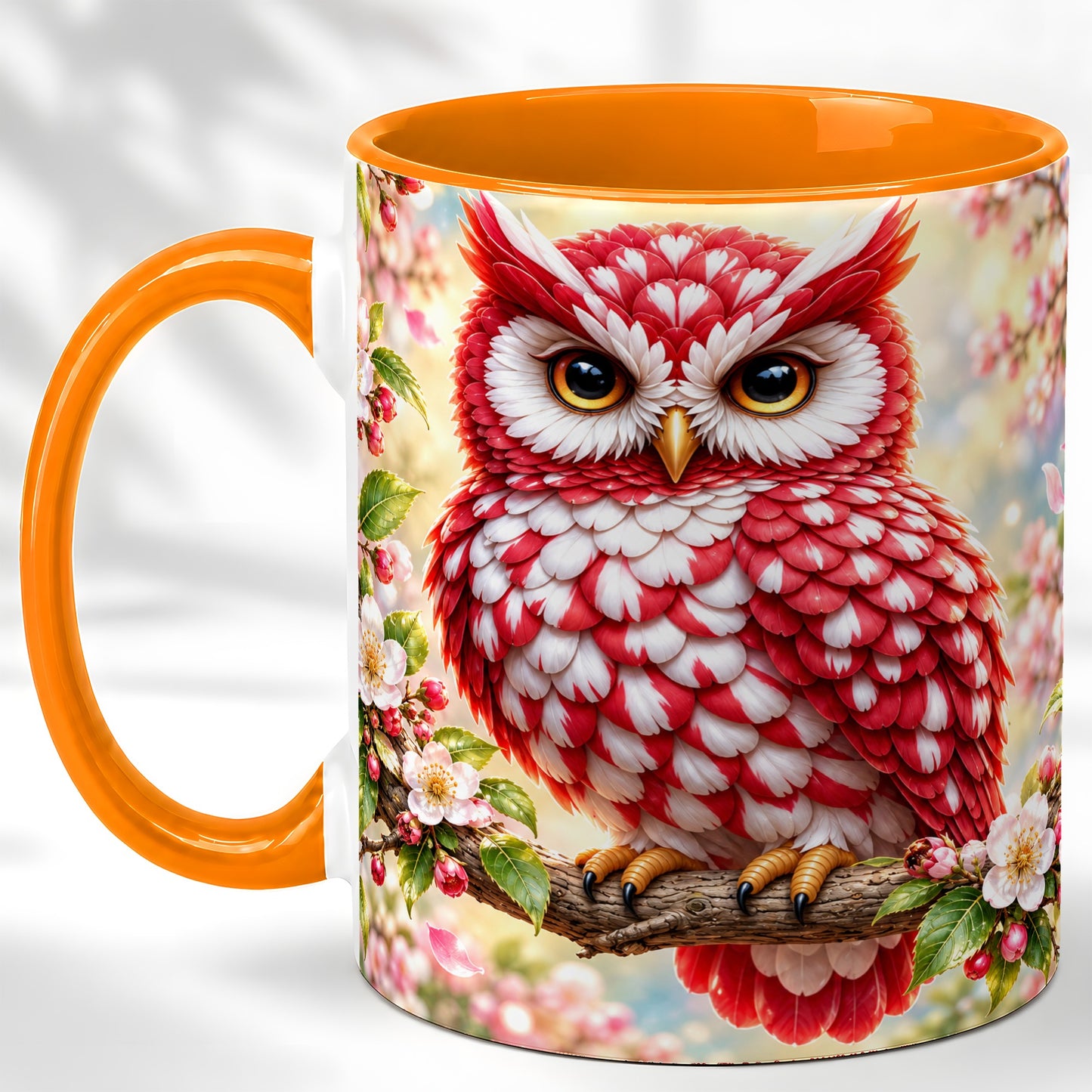 #pl[11oz|Orange] Floral Owl Coffee Mug, Red Blossom Owl Mug, Ceramic Cup