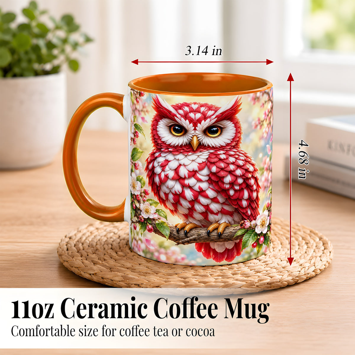 #pl[11oz|Orange] Floral Owl Coffee Mug, Red Blossom Owl Mug, Ceramic Cup