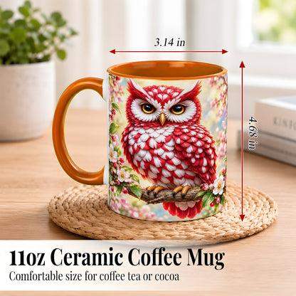 #pl[11oz|Orange] Floral Owl Coffee Mug, Red Blossom Owl Mug, Ceramic Cup