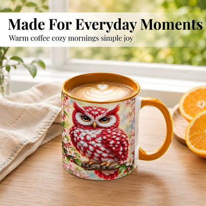 #pl[11oz|Orange] Floral Owl Coffee Mug, Red Blossom Owl Mug, Ceramic Cup