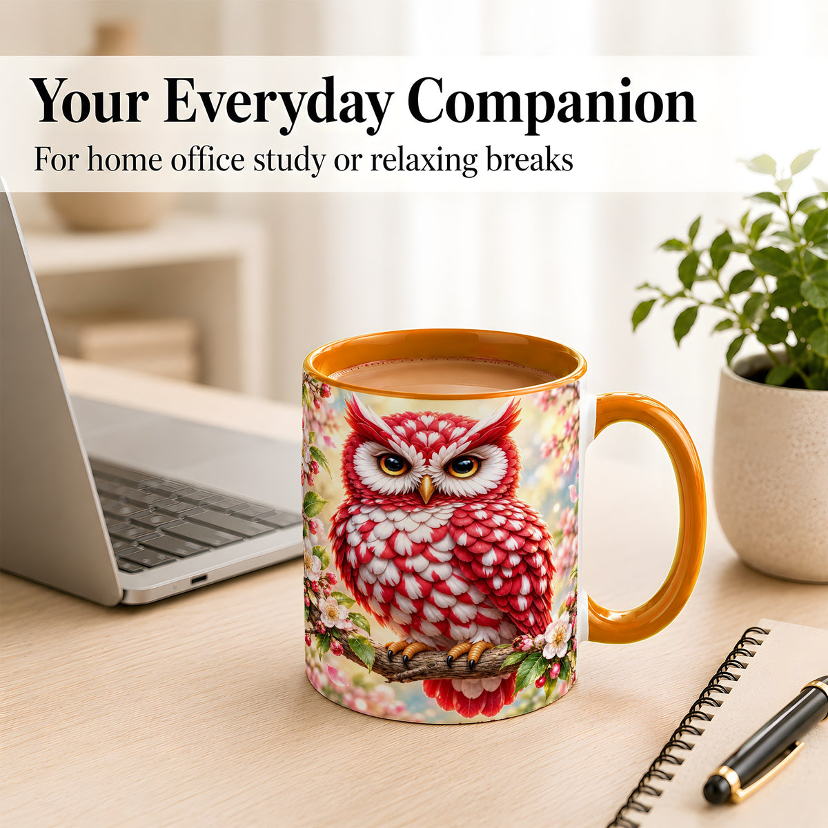 #pl[11oz|Orange] Floral Owl Coffee Mug, Red Blossom Owl Mug, Ceramic Cup