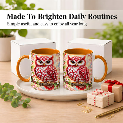 #pl[11oz|Orange] Floral Owl Coffee Mug, Red Blossom Owl Mug, Ceramic Cup