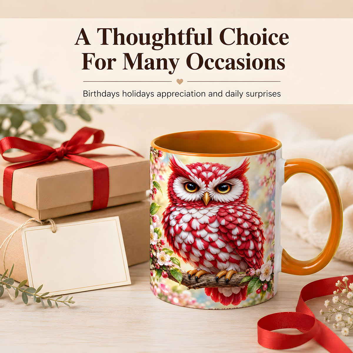 #pl[11oz|Orange] Floral Owl Coffee Mug, Red Blossom Owl Mug, Ceramic Cup