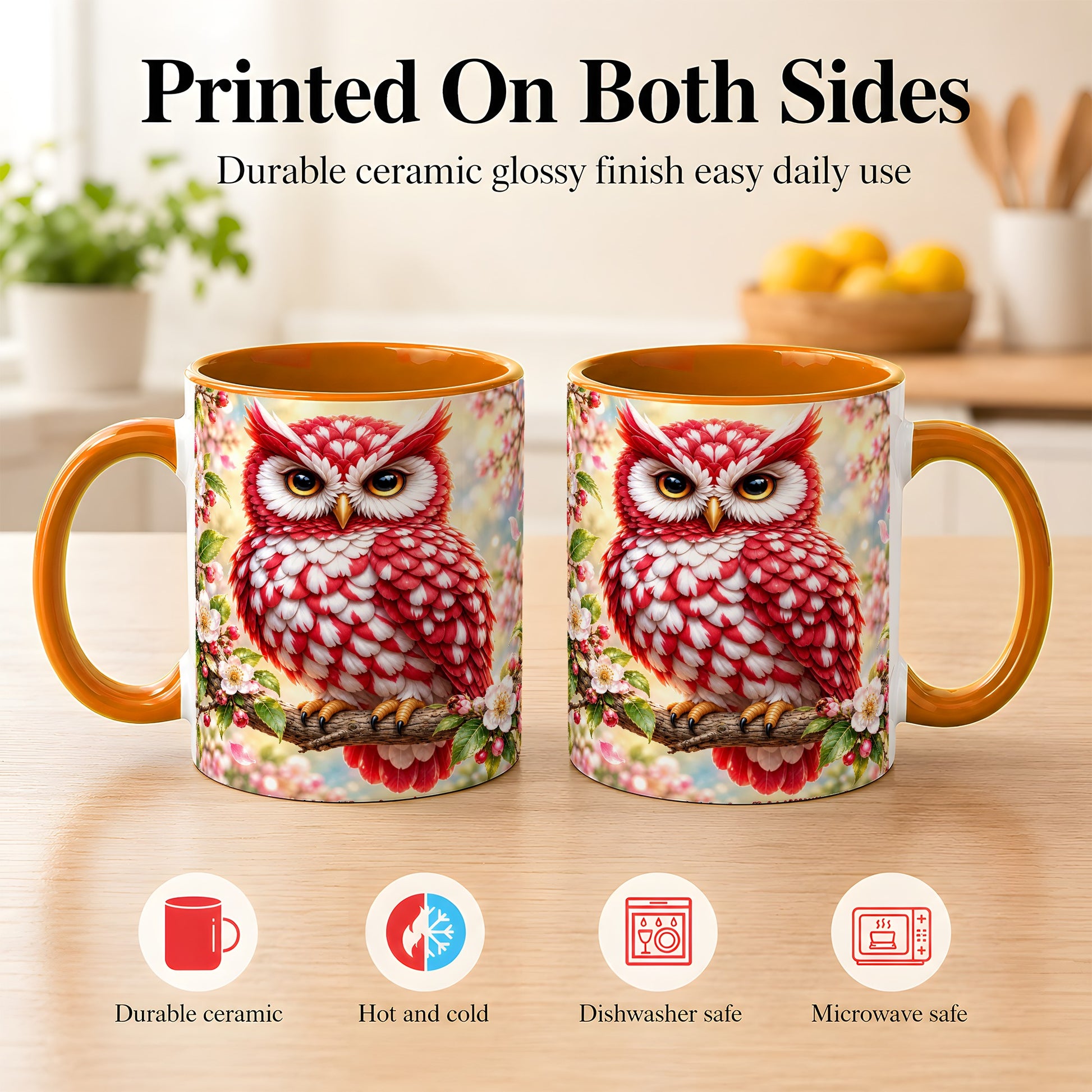 #pl[11oz|Orange] Floral Owl Coffee Mug, Red Blossom Owl Mug, Ceramic Cup