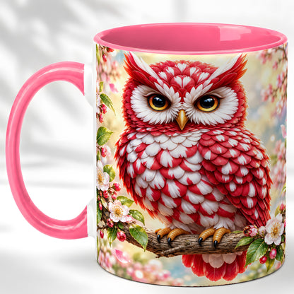 #pl[11oz|Pink] Floral Owl Coffee Mug, Red Blossom Owl Mug, Ceramic Cup