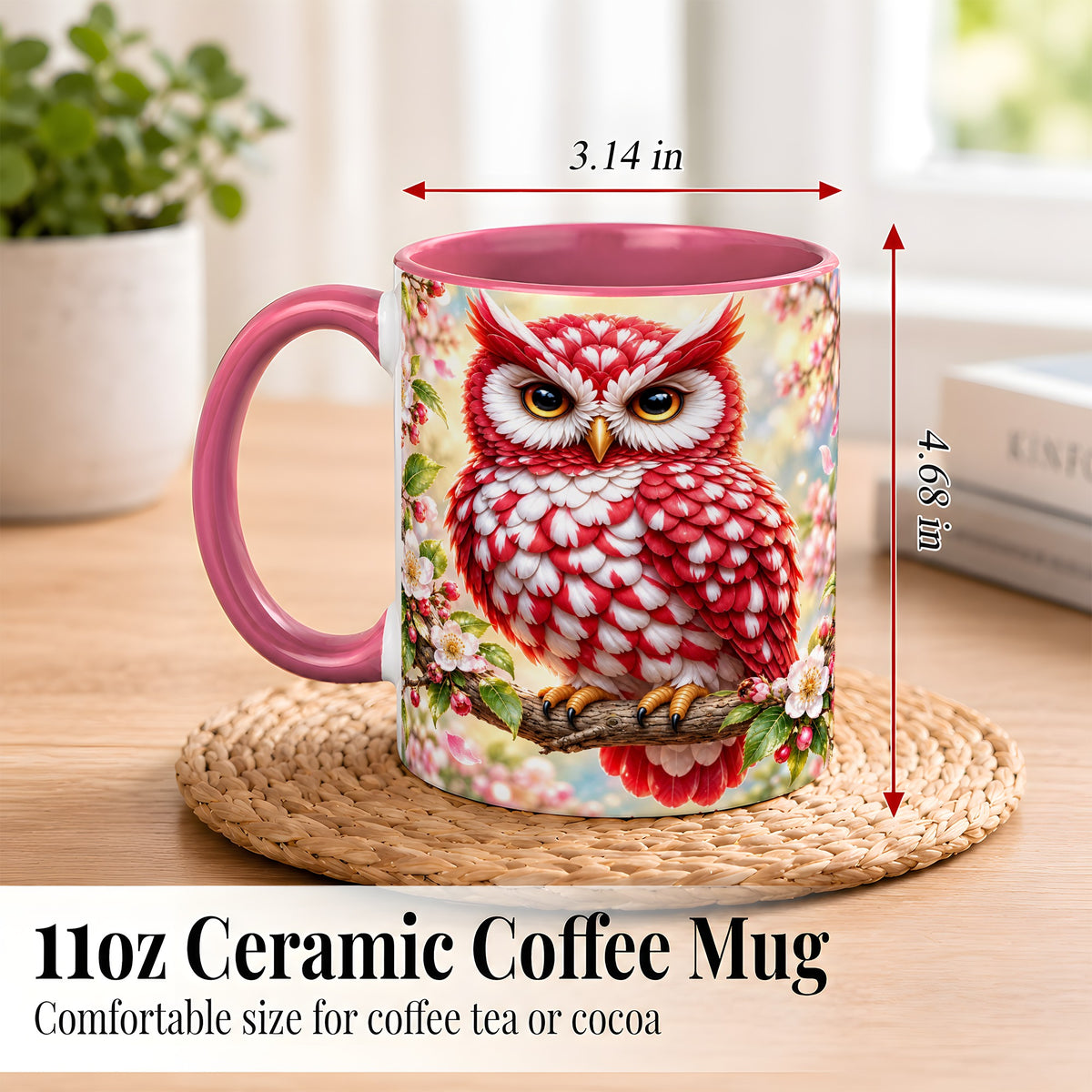 #pl[11oz|Pink] Floral Owl Coffee Mug, Red Blossom Owl Mug, Ceramic Cup