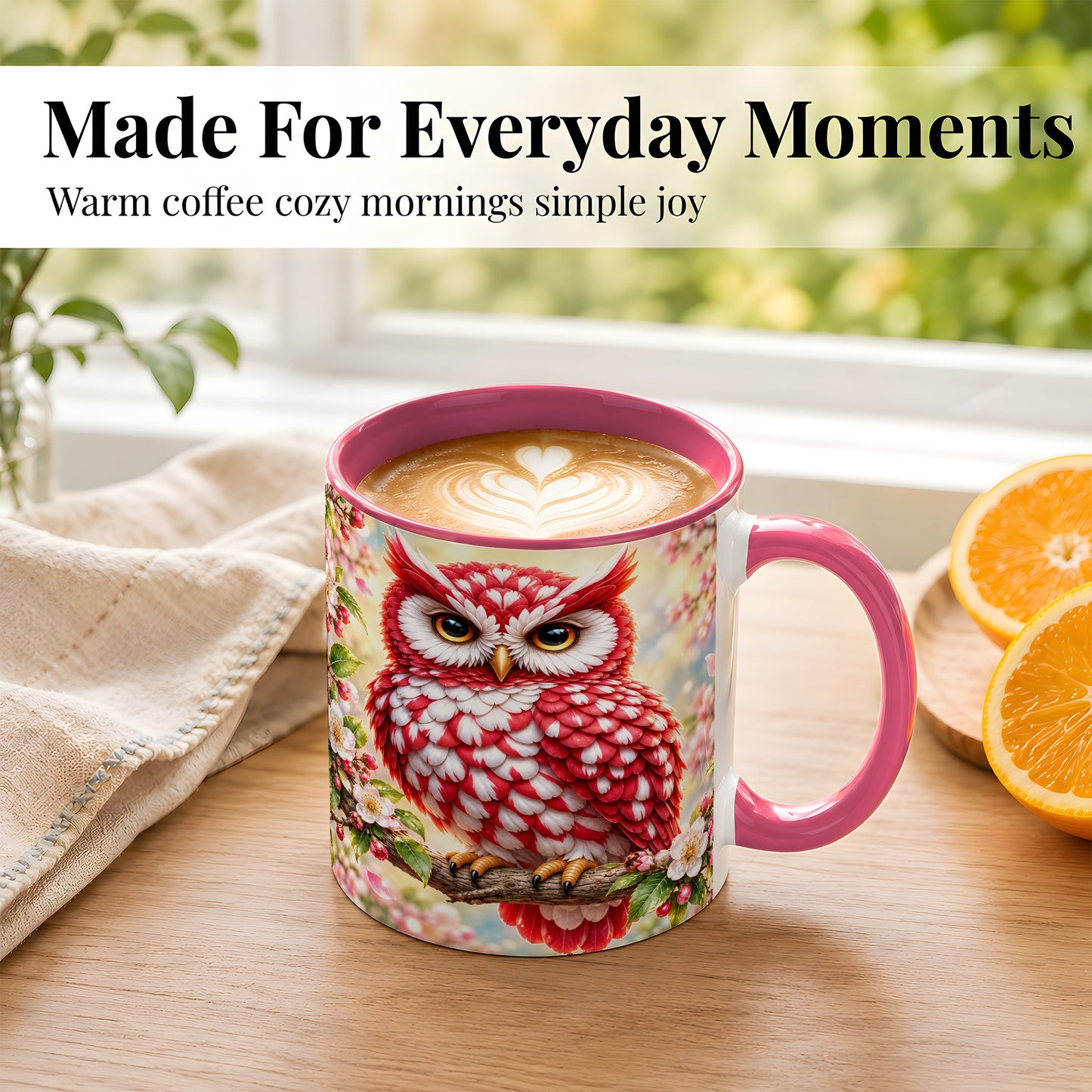 #pl[11oz|Pink] Floral Owl Coffee Mug, Red Blossom Owl Mug, Ceramic Cup