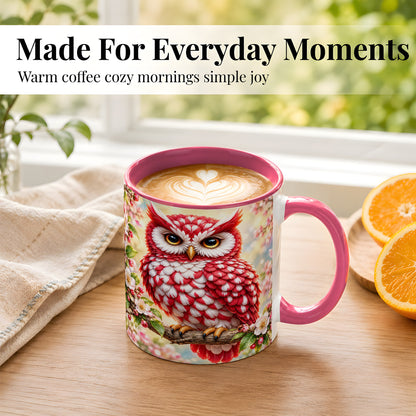 #pl[11oz|Pink] Floral Owl Coffee Mug, Red Blossom Owl Mug, Ceramic Cup