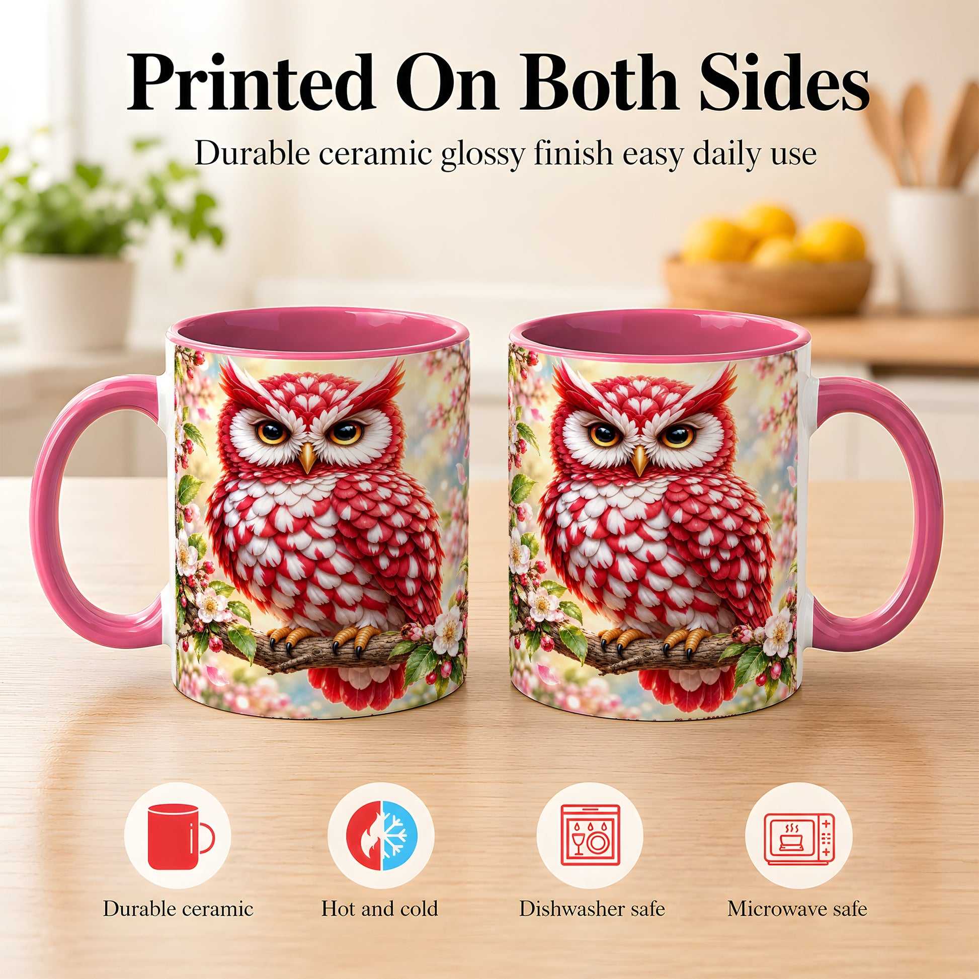#pl[11oz|Pink] Floral Owl Coffee Mug, Red Blossom Owl Mug, Ceramic Cup