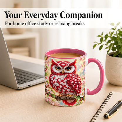 #pl[11oz|Pink] Floral Owl Coffee Mug, Red Blossom Owl Mug, Ceramic Cup