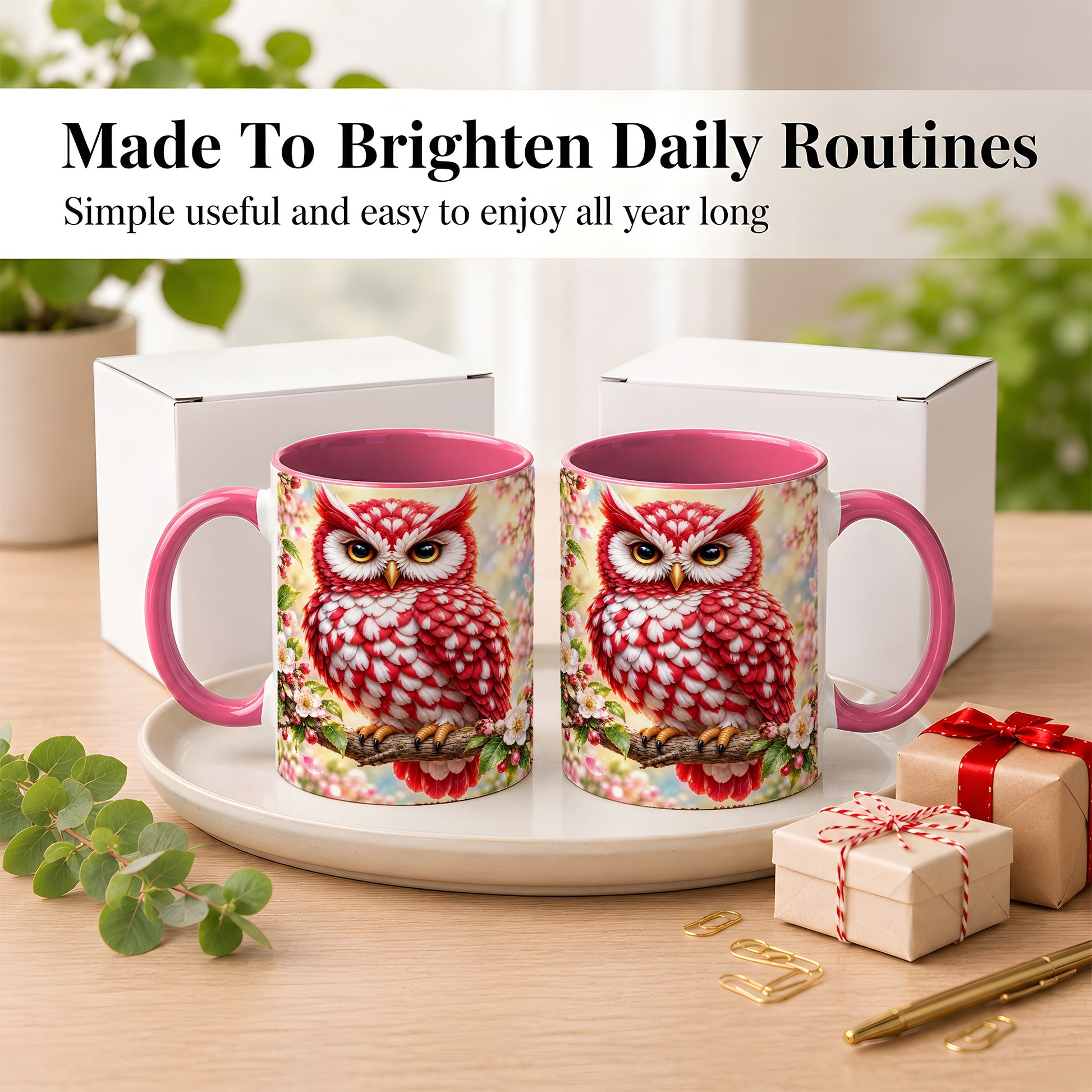 #pl[11oz|Pink] Floral Owl Coffee Mug, Red Blossom Owl Mug, Ceramic Cup