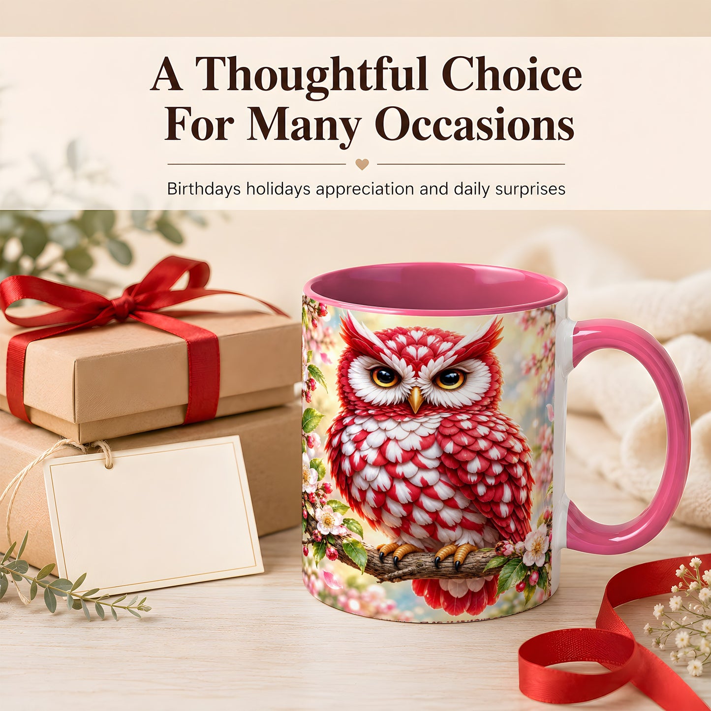 #pl[11oz|Pink] Floral Owl Coffee Mug, Red Blossom Owl Mug, Ceramic Cup