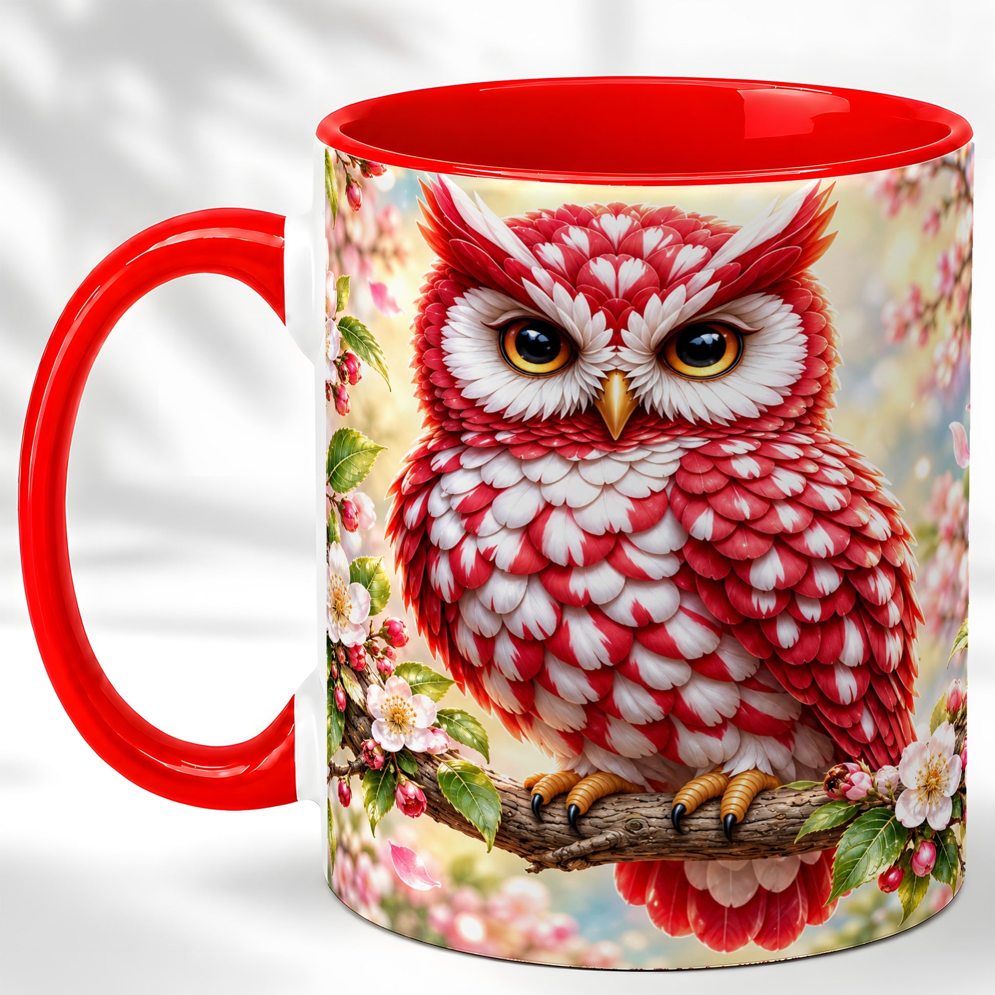 Floral Owl Coffee Mug, Red Blossom Owl Mug, Ceramic Cup
