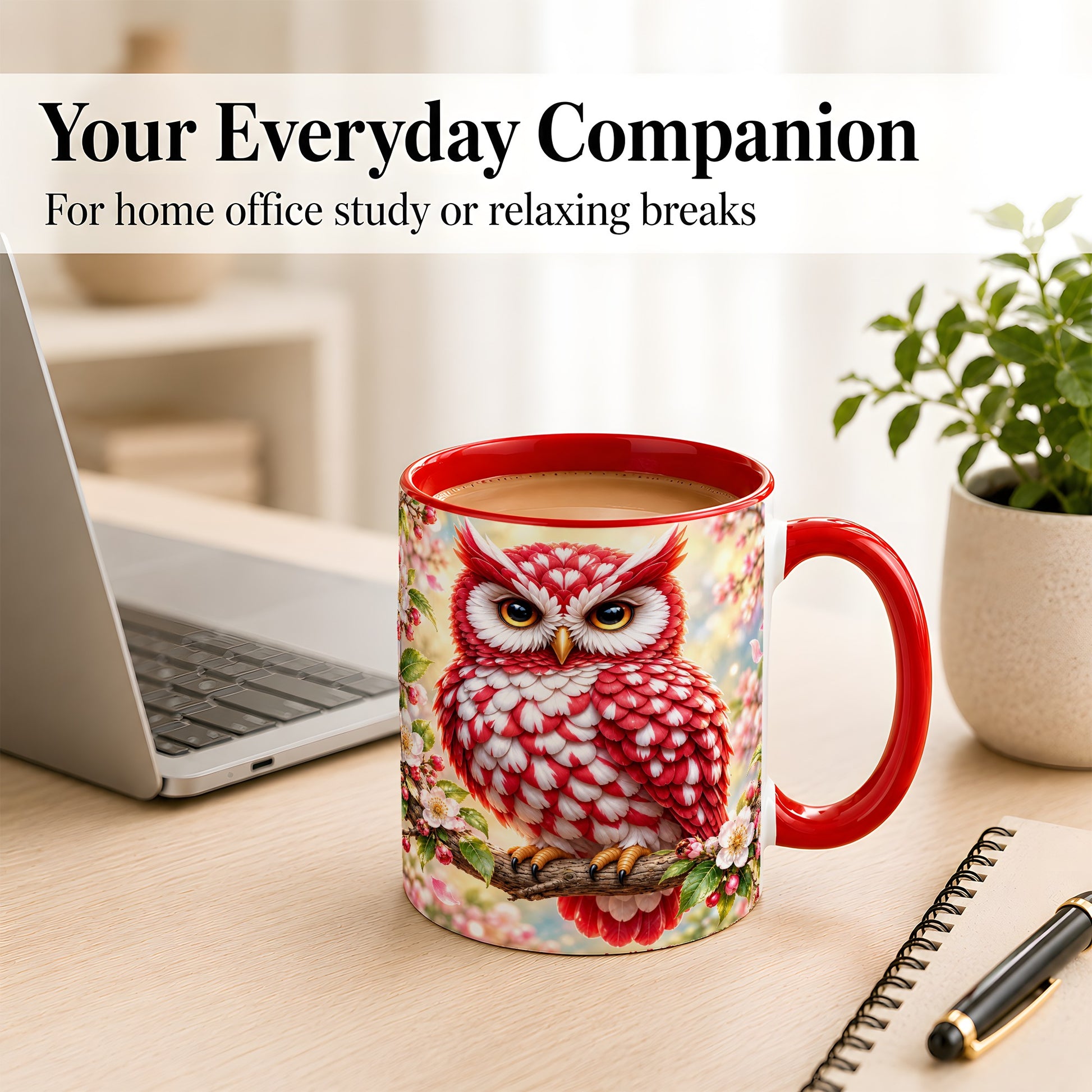 #pl[11oz|Red] Floral Owl Coffee Mug, Red Blossom Owl Mug, Ceramic Cup