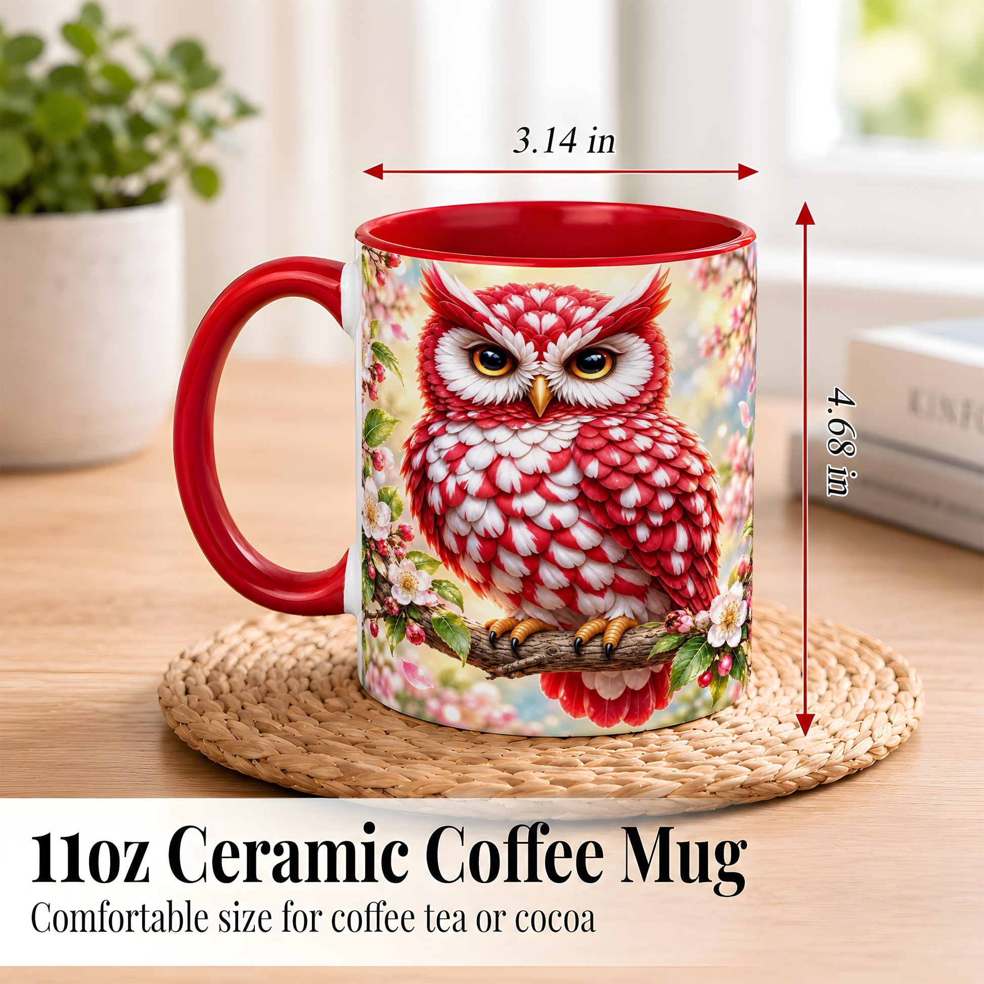 #pl[11oz|Red] Floral Owl Coffee Mug, Red Blossom Owl Mug, Ceramic Cup