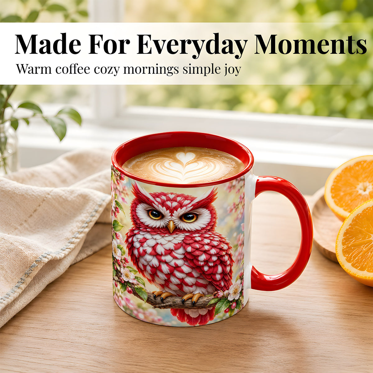 #pl[11oz|Red] Floral Owl Coffee Mug, Red Blossom Owl Mug, Ceramic Cup