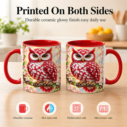 #pl[11oz|Red] Floral Owl Coffee Mug, Red Blossom Owl Mug, Ceramic Cup