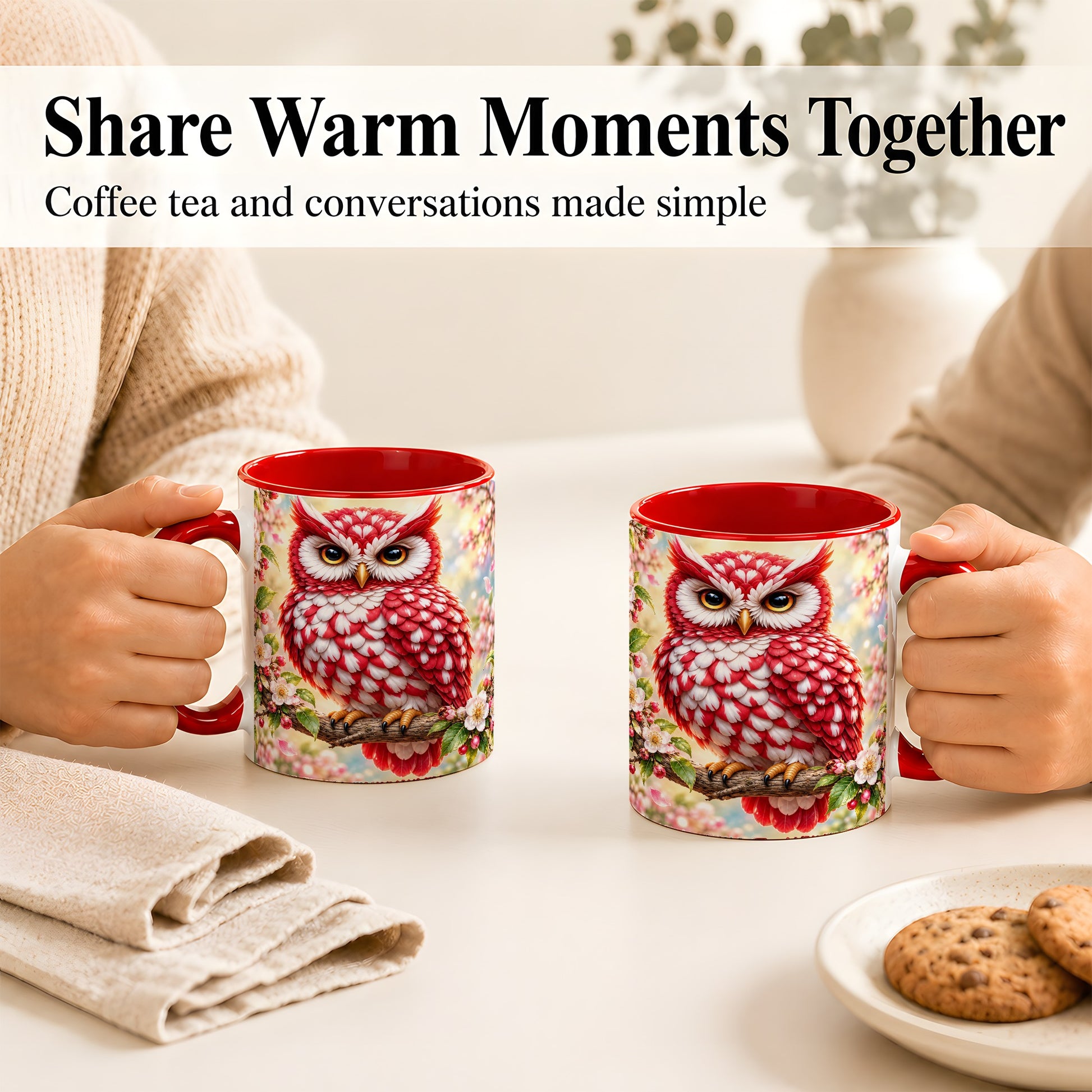 #pl[11oz|Red] Floral Owl Coffee Mug, Red Blossom Owl Mug, Ceramic Cup