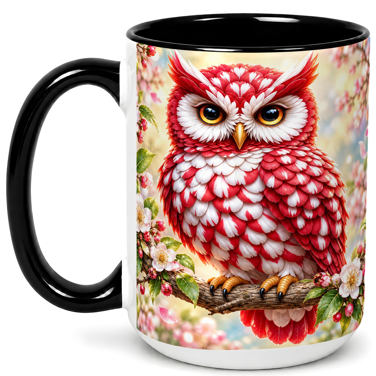 #pl[15oz|Black] Floral Owl Coffee Mug, Red Blossom Owl Mug, Ceramic Cup