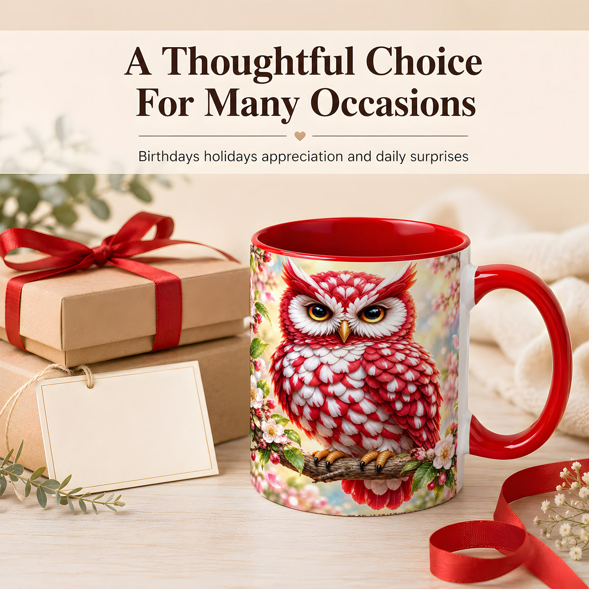 #pl[11oz|Red] Floral Owl Coffee Mug, Red Blossom Owl Mug, Ceramic Cup