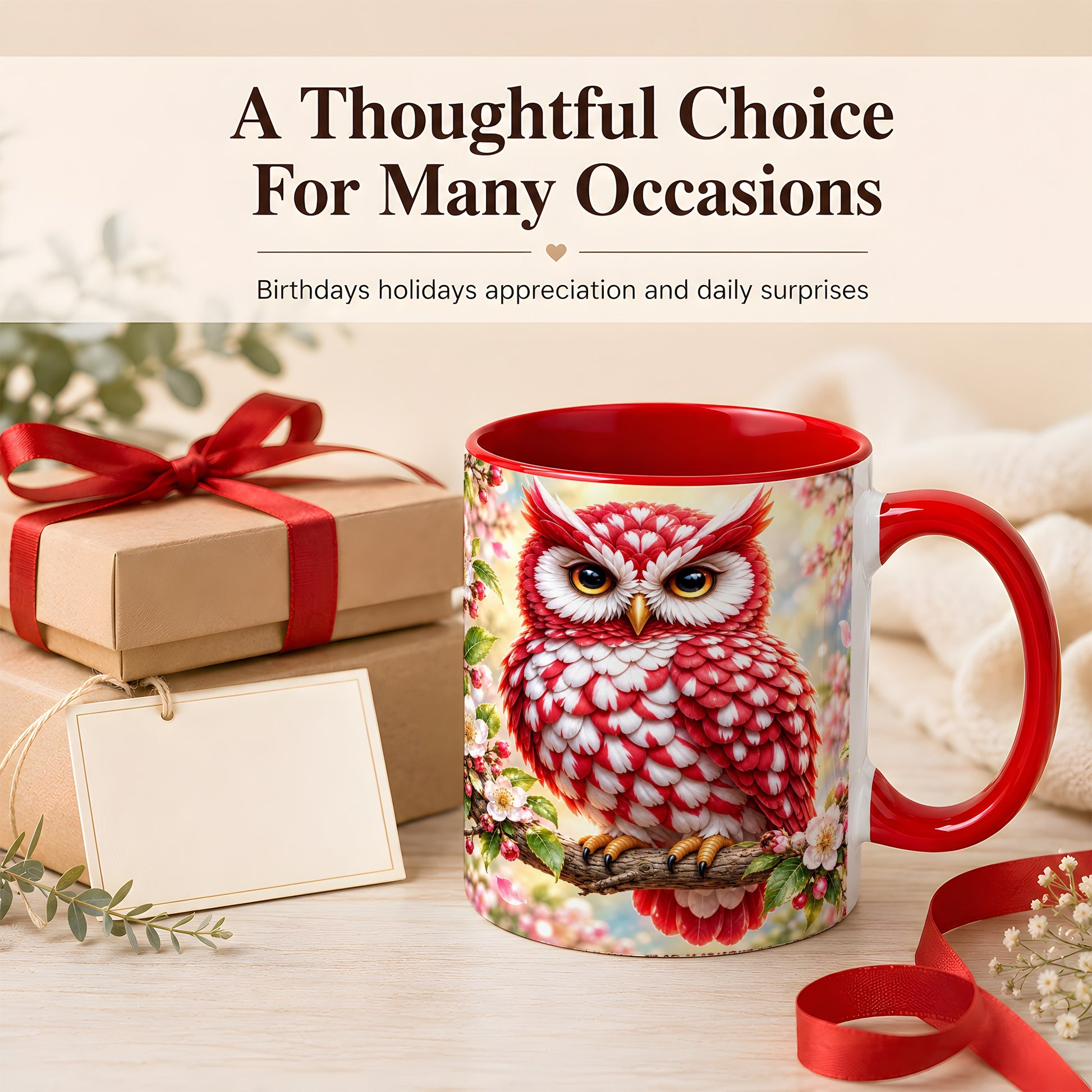 #pl[11oz|Red] Floral Owl Coffee Mug, Red Blossom Owl Mug, Ceramic Cup