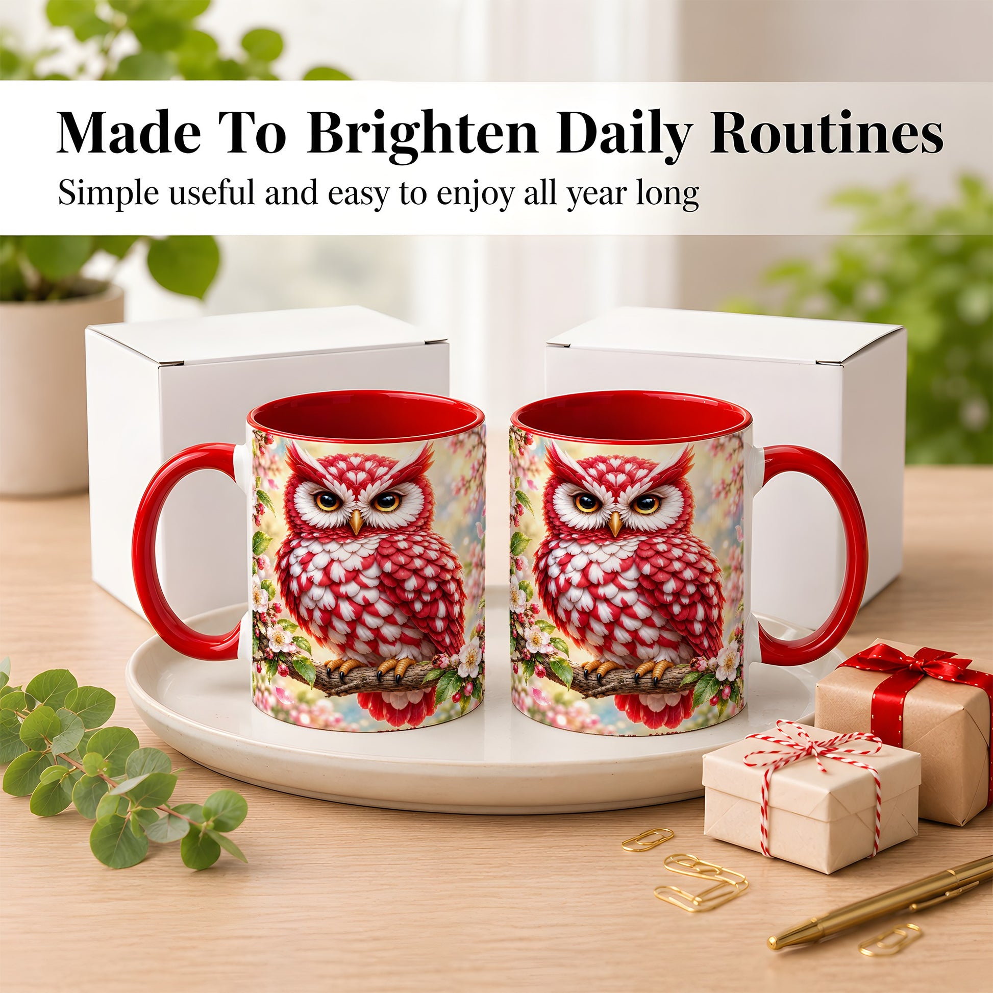 #pl[11oz|Red] Floral Owl Coffee Mug, Red Blossom Owl Mug, Ceramic Cup