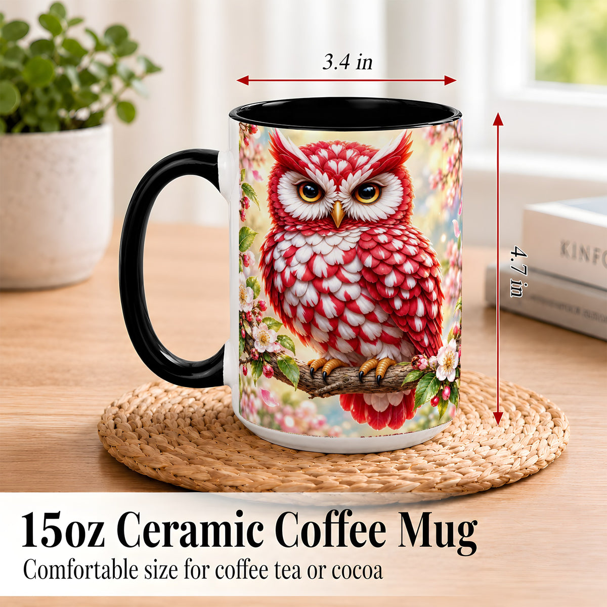 #pl[15oz|Black] Floral Owl Coffee Mug, Red Blossom Owl Mug, Ceramic Cup
