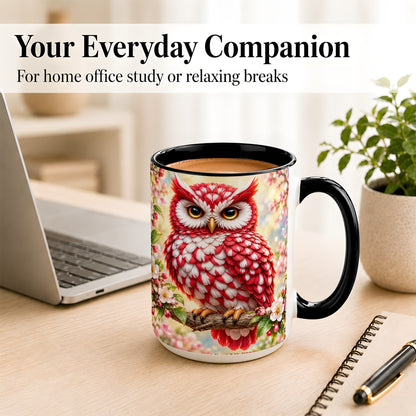 #pl[15oz|Black] Floral Owl Coffee Mug, Red Blossom Owl Mug, Ceramic Cup