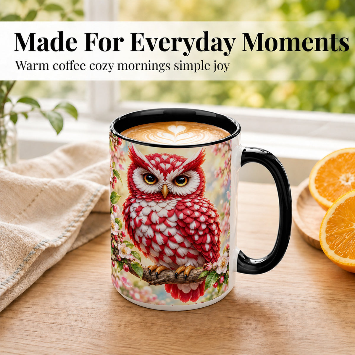 #pl[15oz|Black] Floral Owl Coffee Mug, Red Blossom Owl Mug, Ceramic Cup