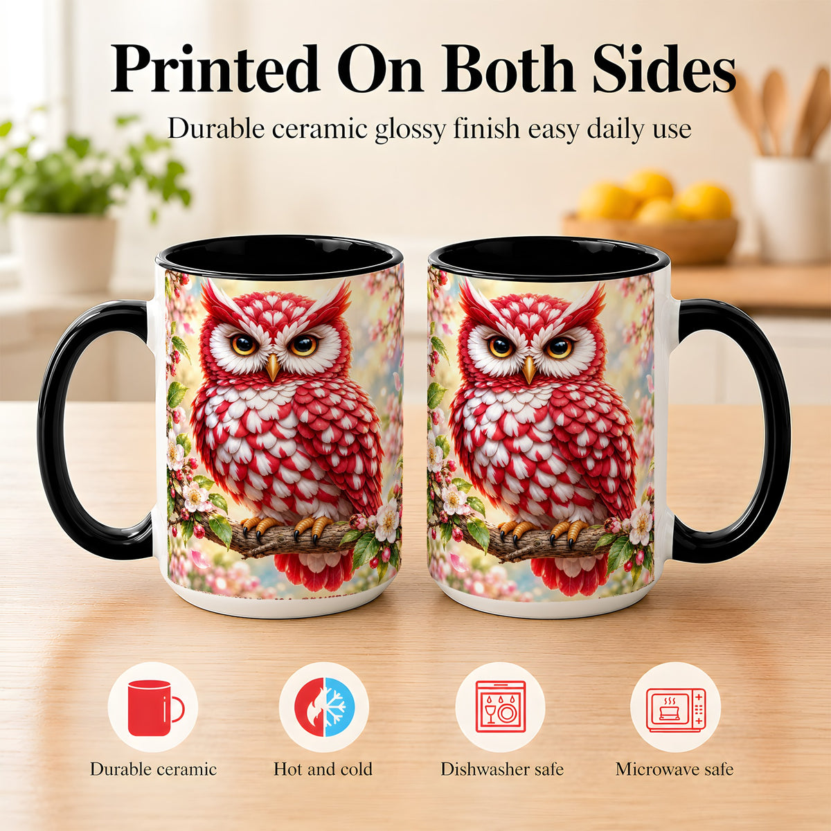#pl[15oz|Black] Floral Owl Coffee Mug, Red Blossom Owl Mug, Ceramic Cup