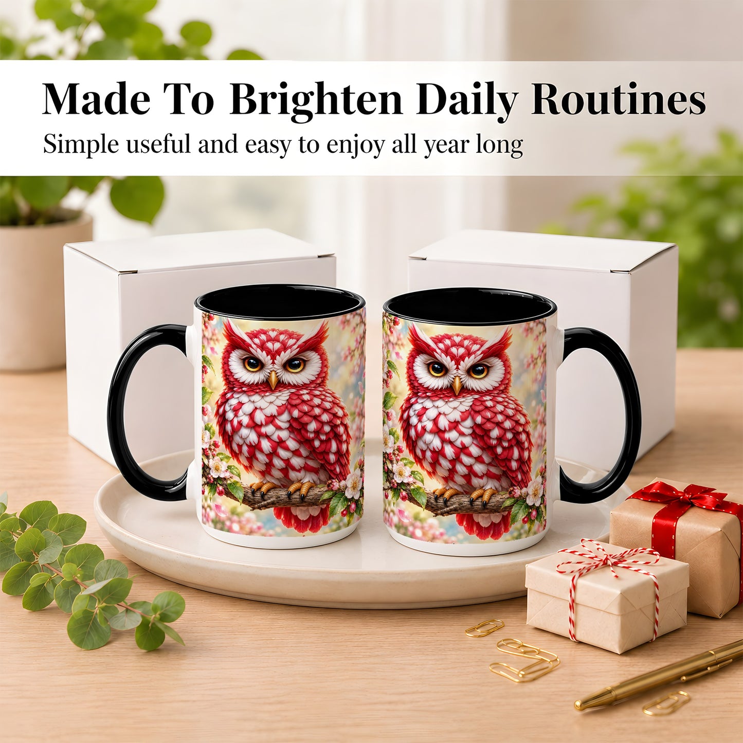 #pl[15oz|Black] Floral Owl Coffee Mug, Red Blossom Owl Mug, Ceramic Cup