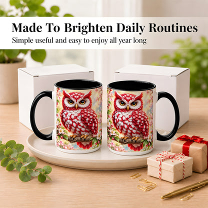 #pl[15oz|Black] Floral Owl Coffee Mug, Red Blossom Owl Mug, Ceramic Cup