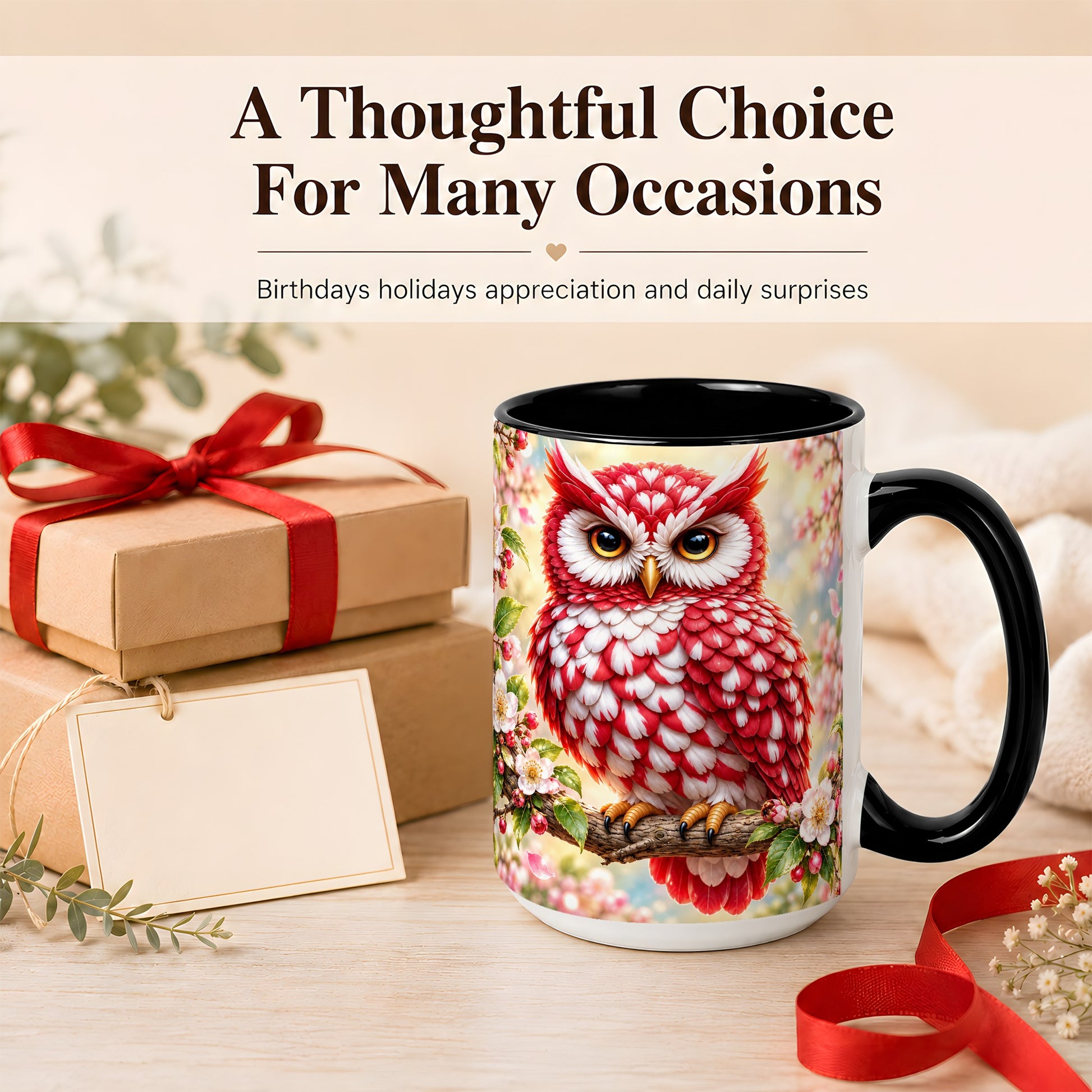 #pl[15oz|Black] Floral Owl Coffee Mug, Red Blossom Owl Mug, Ceramic Cup