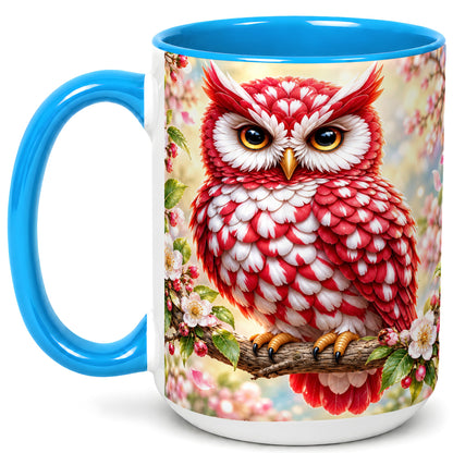 #pl[15oz|Blue] Floral Owl Coffee Mug, Red Blossom Owl Mug, Ceramic Cup