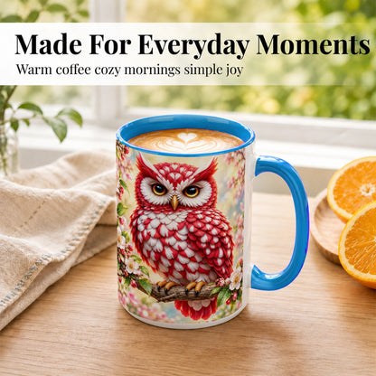 #pl[15oz|Blue] Floral Owl Coffee Mug, Red Blossom Owl Mug, Ceramic Cup