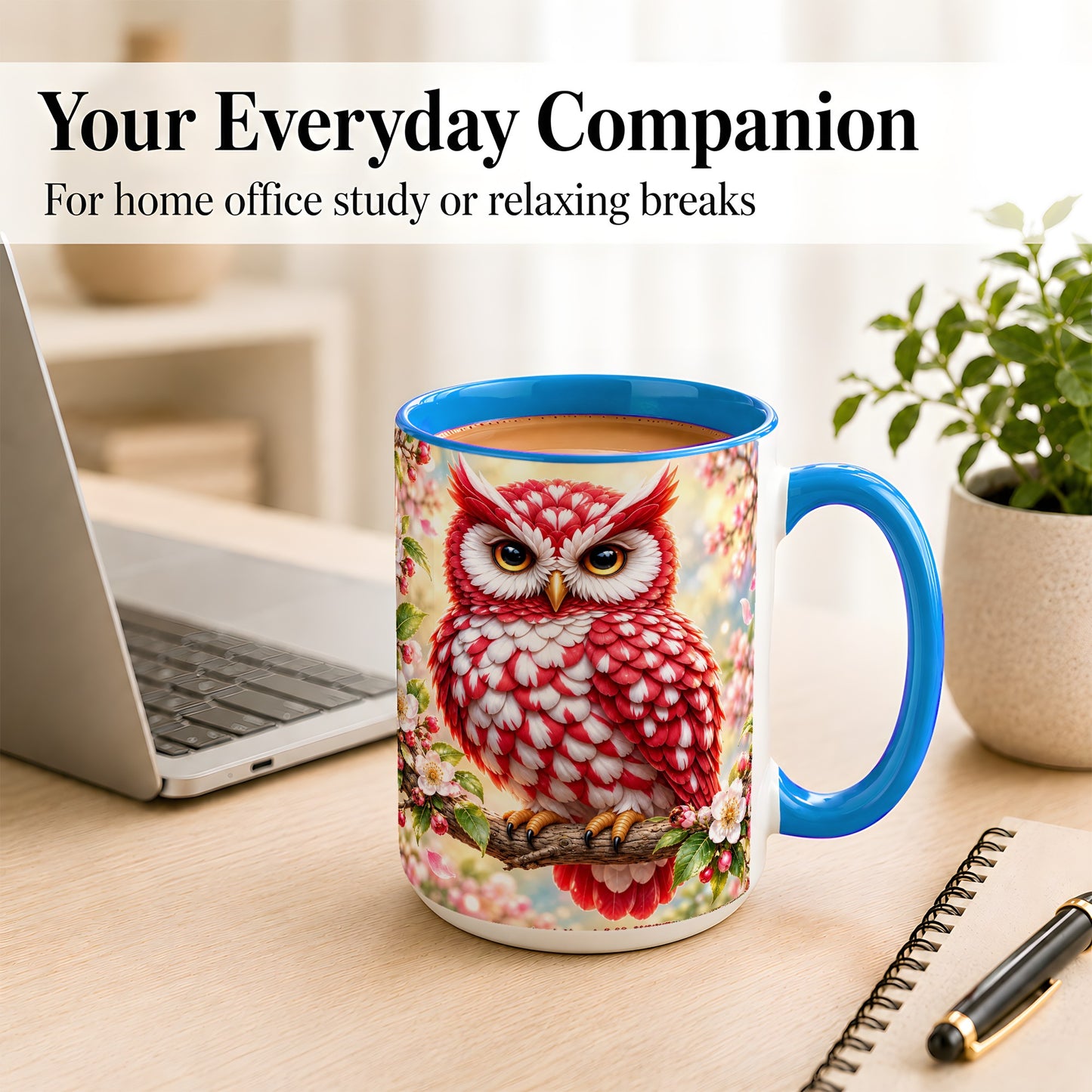 #pl[15oz|Blue] Floral Owl Coffee Mug, Red Blossom Owl Mug, Ceramic Cup