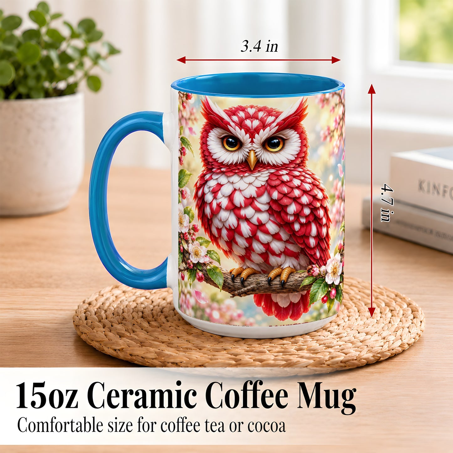 #pl[15oz|Blue] Floral Owl Coffee Mug, Red Blossom Owl Mug, Ceramic Cup