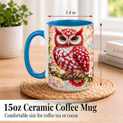 #pl[15oz|Blue] Floral Owl Coffee Mug, Red Blossom Owl Mug, Ceramic Cup