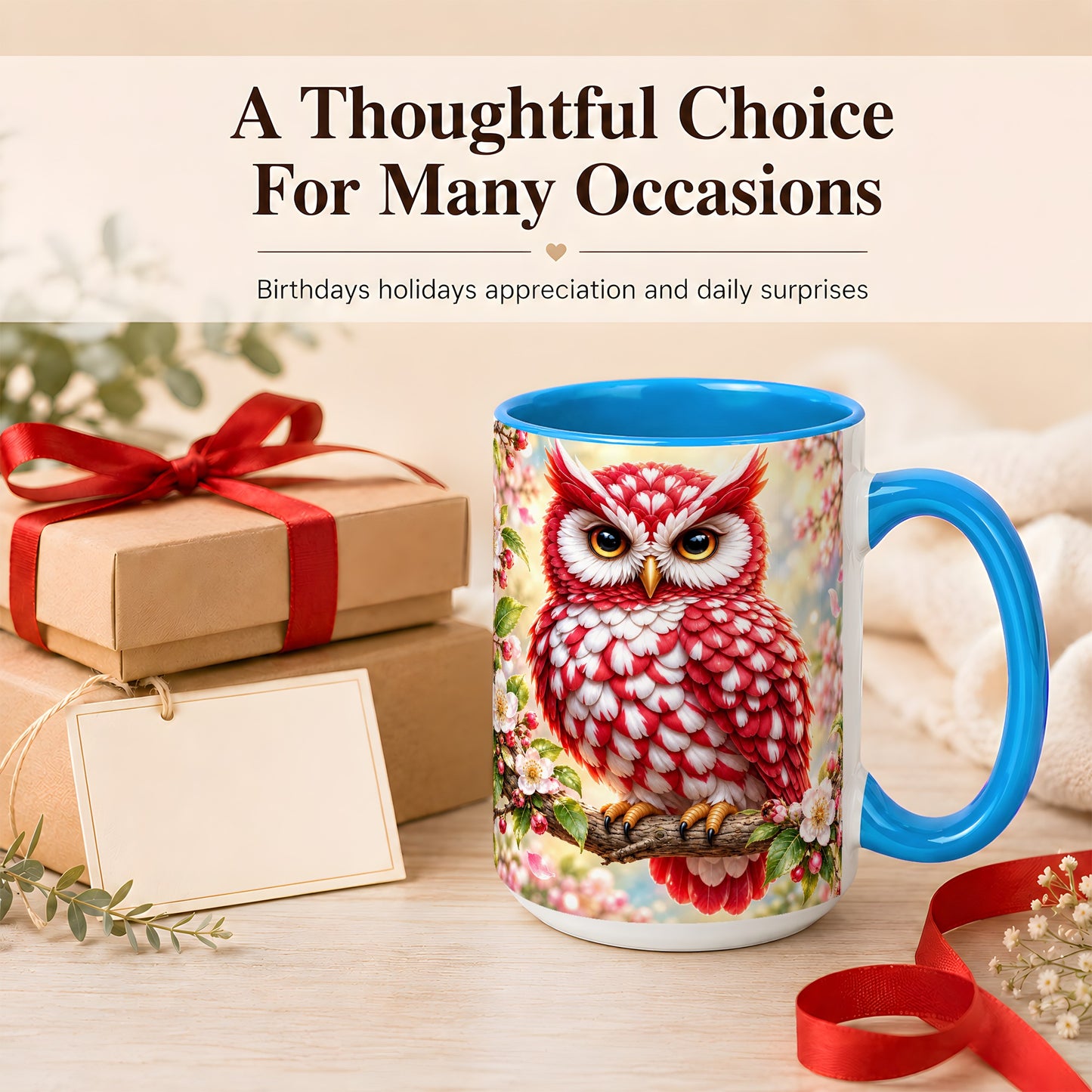 #pl[15oz|Blue] Floral Owl Coffee Mug, Red Blossom Owl Mug, Ceramic Cup