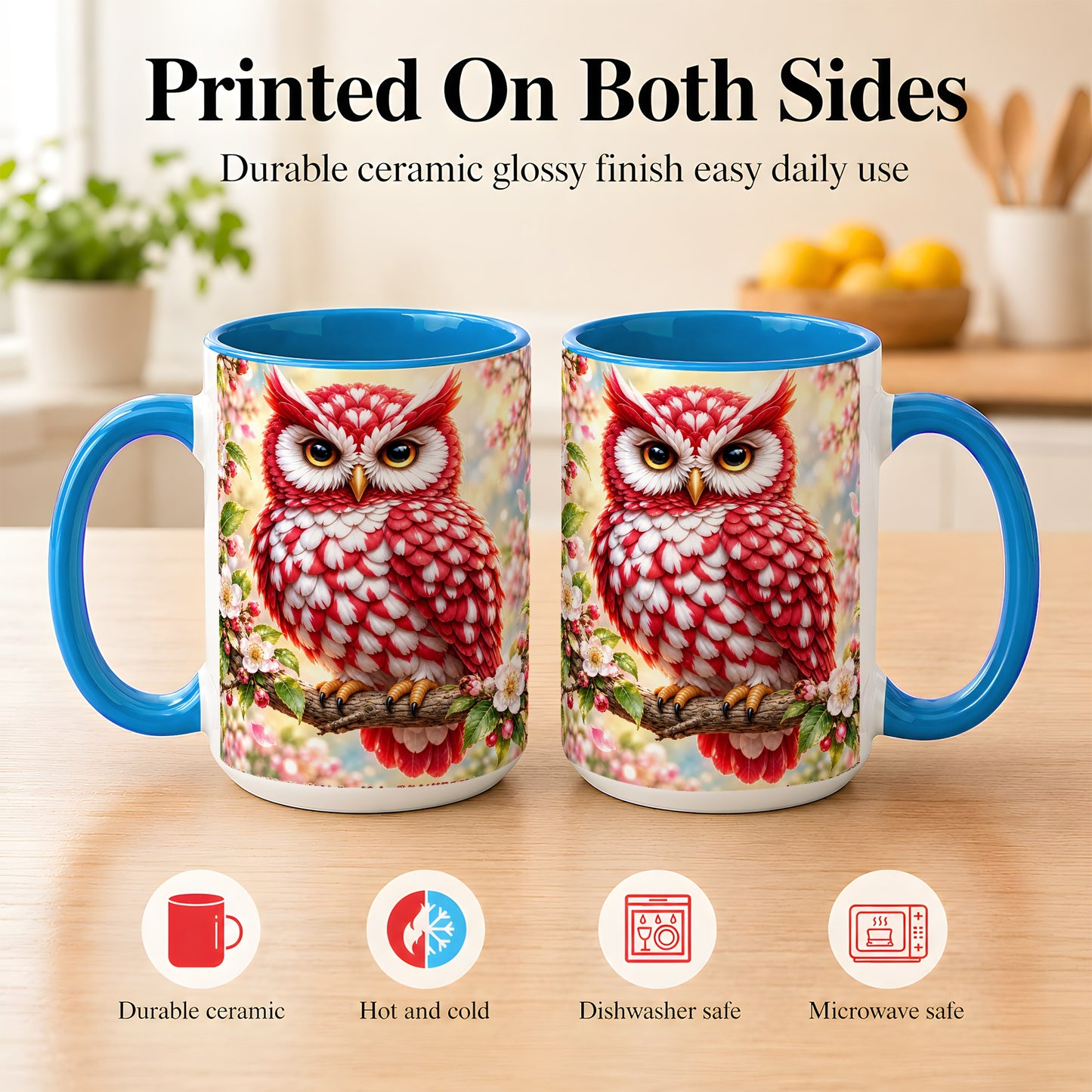 #pl[15oz|Blue] Floral Owl Coffee Mug, Red Blossom Owl Mug, Ceramic Cup