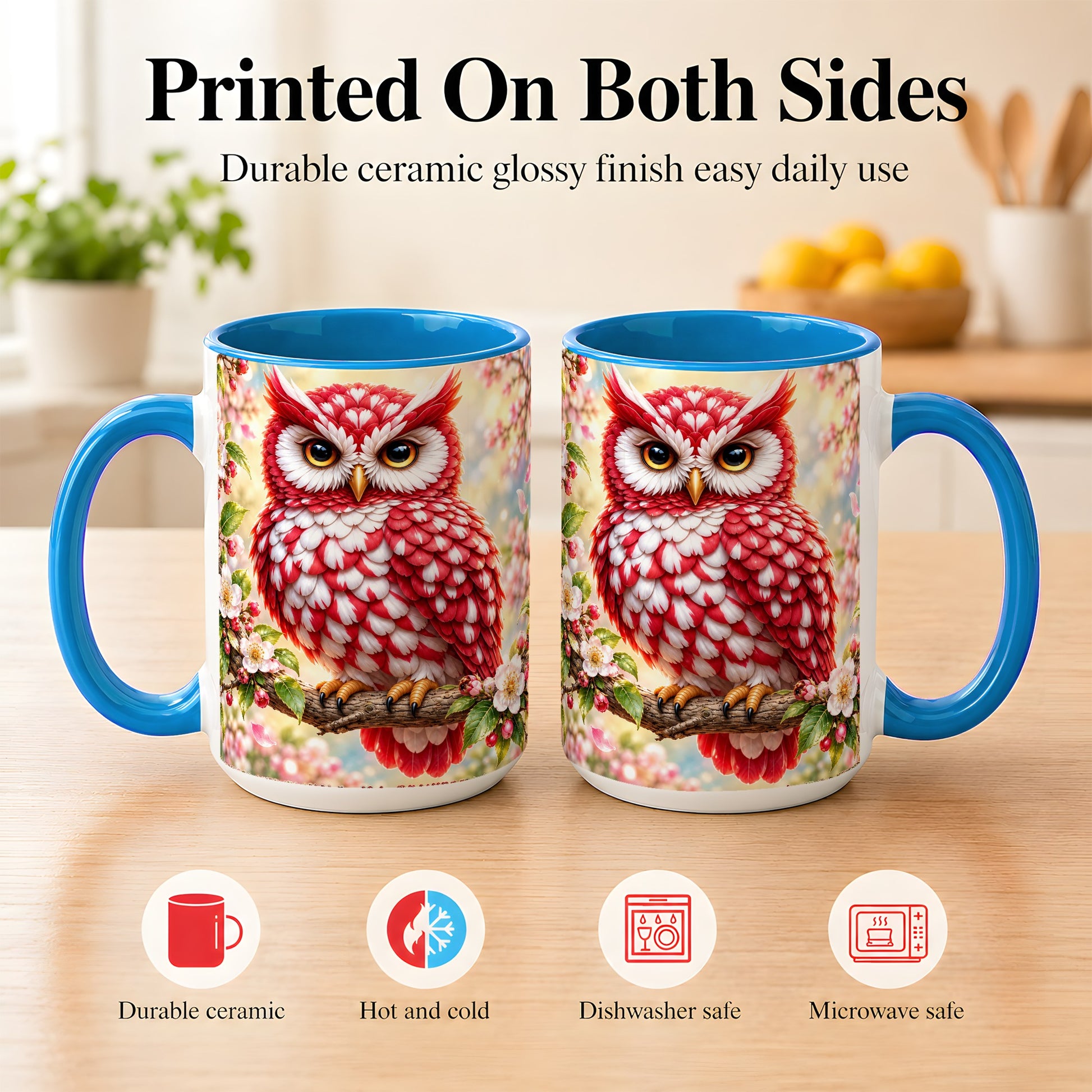 #pl[15oz|Blue] Floral Owl Coffee Mug, Red Blossom Owl Mug, Ceramic Cup