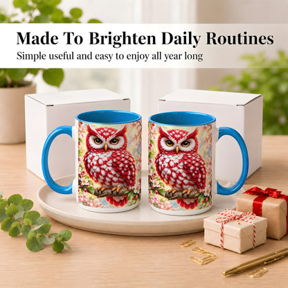 #pl[15oz|Blue] Floral Owl Coffee Mug, Red Blossom Owl Mug, Ceramic Cup