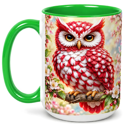 #pl[15oz|Green] Floral Owl Coffee Mug, Red Blossom Owl Mug, Ceramic Cup